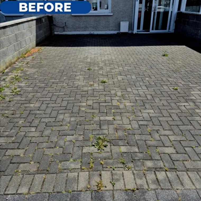 Cobblelock driveway before cleaning, darkened by moss and dirt.