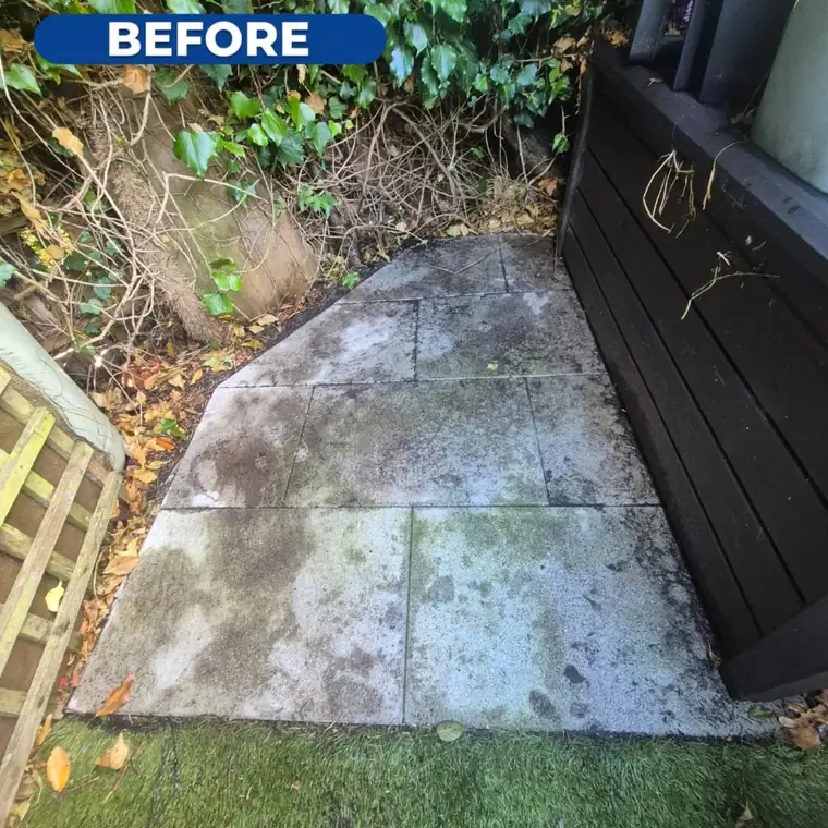 Side patio beside decking before cleaning, heavily stained.