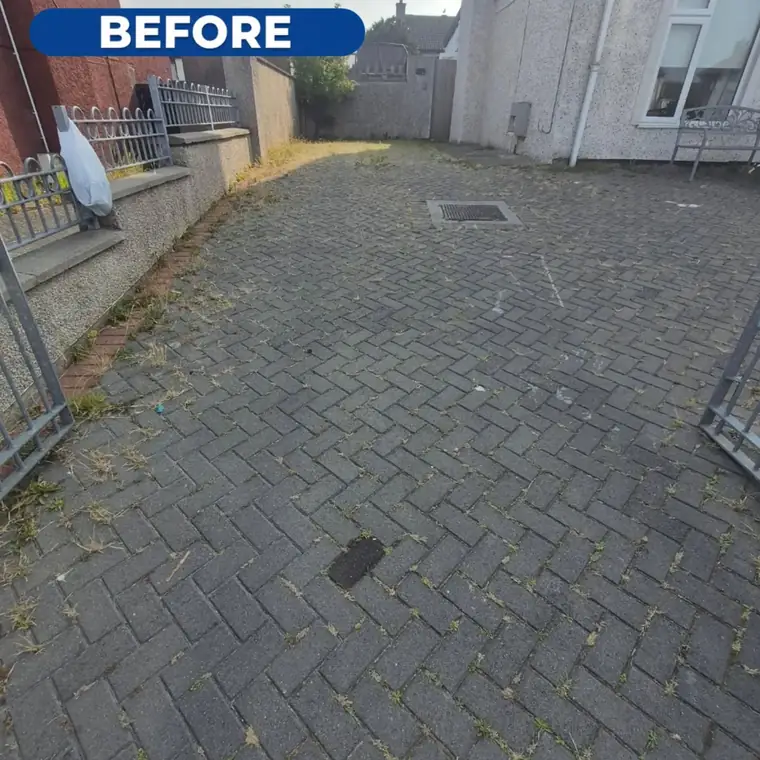 Gated driveway before cleaning, dull grey paving with weeds in the joints.