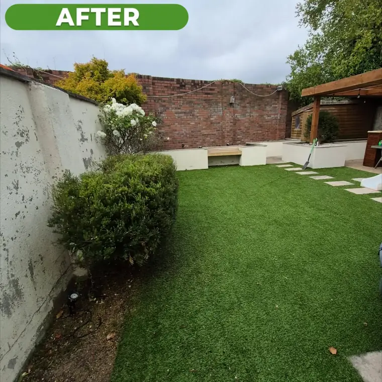 The same back garden after work, lawn cut short and edges tidy.
