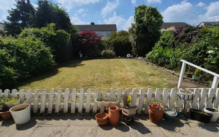 Lawn cut short with the edges strimmed along the paving.
